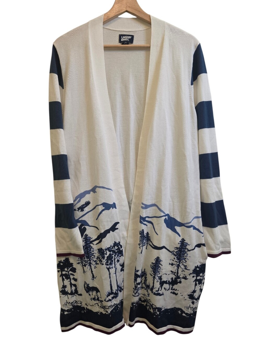 Lands' End Winter Mountain Scene Open Front Long Cardigan 100% Cotton Sz M